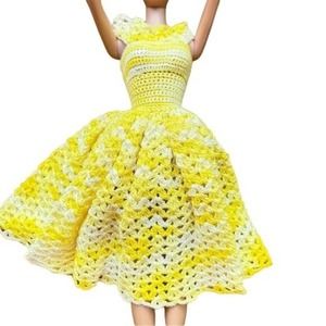 Vintage Crochet Dress Yellow Sleeveless Barbie Doll Size Handmade Barbiecore